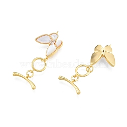 Brass Toggle Clasps, with White Shell and Crystal Rhinestone, Butterfly, Real 18K Gold Plated, Bar: 18.5x7.5x2.5mm, Hole: 1.4mm, Butterfly: 19x16x5mm, Hole: 1mm. (KK-A165-10G)