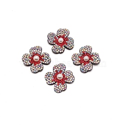 PU Leather Costume Accessories, with Resin Rhinstone, Applique Patch, Sewing Craft Decoration, Flower, Red, 31~32.5x27~28x8mm(DIY-WH0001-85C)