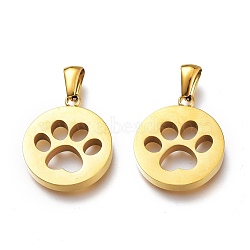 Ion Plating(IP) 304 Stainless Steel Pet Pendants, Manual Polishing, Flat Round with Dog Footprints, Golden, 21.5x18x3mm, Hole: 6x2.5mm(STAS-Z006-15G)