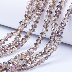Electroplate Transparent Glass Beads Strands, Half Plated, Faceted, Rondelle, Rose Gold Plated, 4x3mm, Hole: 0.4mm, about 123~127pcs/strand, 16.5~16.9 inch(42~43cm)(EGLA-A034-T4mm-Z02)