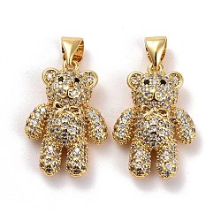 Brass Micro Pave Clear Cubic Zirconia Pendants, Real 18K Gold Plated, Lead Free & Cadmium Free, Bear, Clear, 20x14x6mm, Hole: 4x3.5mm(KK-K258-15G-RS)