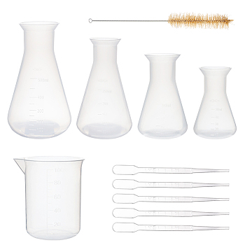 GLOBLELAND Plastic Beaker Sets, with Tube Bottle Wash Cleaning Brush and Disposable Plastic Dropper, Plastic Measuring Cup, Clear, Beaker: 50ml/100ml/250ml/500ml, 4pcs/set