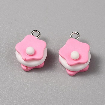 Opaque Resin Pendants, Cake Charms, Imitation Food, with Platinum Tone Iron Loops, Pearl Pink, 19x14x11mm, Hole: 2.2mm