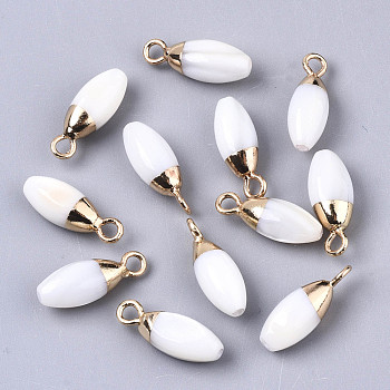 Natural Freshwater Shell Charms, with Light Gold Plated Brass Loop and Half Drilled Hole, Teardrop, Creamy White, 14~15x5mm, Hole: 1.8mm, Half Hole: 0.9mm