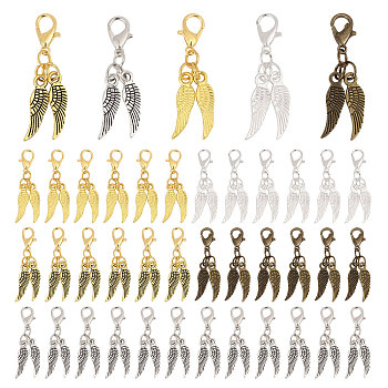 75Pcs 5 Colors Wing Alloy Pendant Decoration, with Alloy Lobster Claw Clasps, Mixed Color, 36mm, 15pcs/color