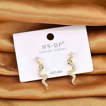 Brass Micro Pave Clear Cubic Zirconia Stud Earrings, with S925 Sterling Silver Pins, Snake, Real 18K Gold Plated, 28.5x7mm