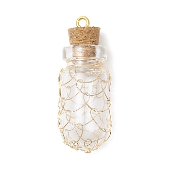 Glass Bottles Pendants, with Light Golden Iron Screw Eye Pin Peg Bails and Copper Wire, Clear, 36.5x14mm, Hole: 1.8mm