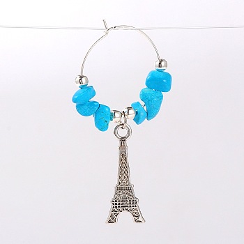 Gemstone Wine Glass Charms, with Tibetan Style Alloy Eiffel Tower Pendant, Iron Beads and Brass Hoop Earrings, Platinum, Synthetic Turquoise, 58mm, pin: 0.7mm