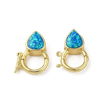 Rack Plating Brass Twister Clasps, with Synthetic Opal, Cadmium Free & Lead Free, Long-Lasting Plated, Real 18K Gold Plated, Teardrop, 14x10.5x5.5mm, Hole: 4.5x2mm and 6mm