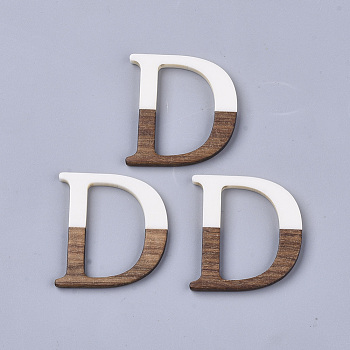 Resin & Walnut Wood Cabochons, Letter D, White, 37x34x3mm