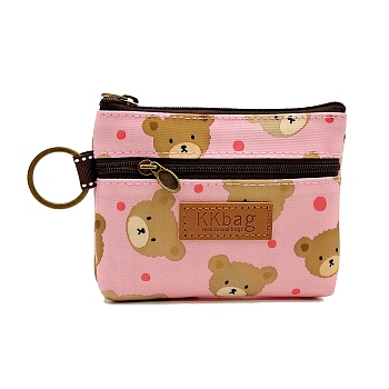 Bear Printed Polyester Wallets, 2 Layers Zipper Purse for Change, Keychain, Cosmetic, Rectangle, Pink, 10x12x1.5cm