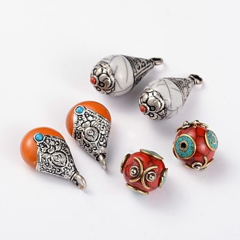 Mixed Style Tibetan Style Beads/Pendants, with Synthetic Turquoise and Brass Findings, Mixed Color, 16~34x15~17mm, Hole: 2mm