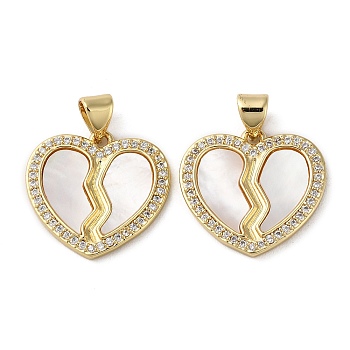 Brass Micro Pave Cubic Zirconia Pendants, with Shell, Heart, Real 18K Gold Plated, 18x19x2mm, Hole: 4.5x3.5mm