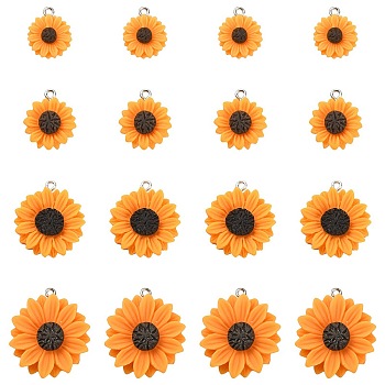 20Pcs 4 Styles Opaque Resin Pendants, with Platinum Tone Iron Loops, Sunflower Charm, Dark Orange, 19.5x16x5mm, Hole: 2mm, 5pcs/style