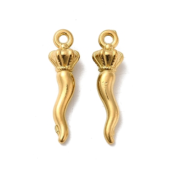 304 Stainless Steel Pendants, Horn of Plenty/Italian Horn Cornicello Charms, Real 18K Gold Plated, 19.5x5x4.5mm, Hole: 1.2mm
