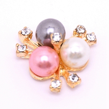 Alloy Cabochons Accessories, with ABS Imitation Pearl Beads and Crystal Glass Rhinestone, for Jewelry Making, Flower, Light Gold, Colorful, 20x21x10mm