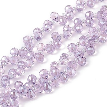 Transparent Electroplate Glass Beads Strands, Faceted, Top Drilled Teardrop, Pearl Luster Plated, Medium Orchid, 8x6~6.5mm, Hole: 0.8mm, about 98~100pcs/strand, 18.90~26.77 inch(48~68cm)