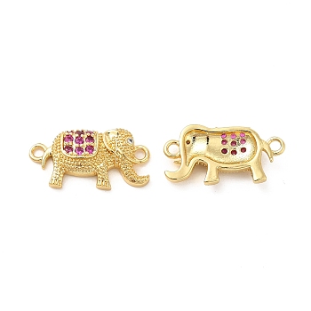 Rack Plating Brass Micro Pave Cubic Zirconia Connector Charms, Elephant Links, Cadmium Free & Lead Free, Real 18K Gold Plated, Medium Violet Red, 11.5x22.5x13.7mm, Hole: 1.8mm