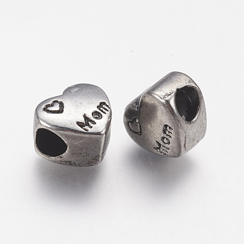 Ion Plating(IP) Mother's Day Theme, 304 Stainless Steel European Beads, Large Hole Beads, Heart, with Word Mom, Antique Silver, 10x11x8mm, Hole: 4.5mm