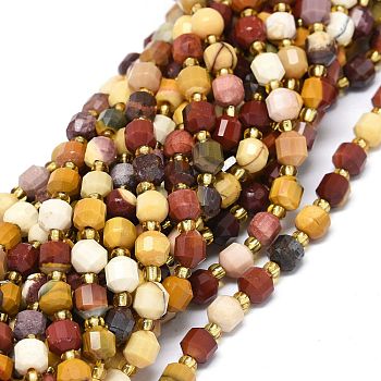 Natural Mookaite Beads Strands, with Seed Beads, Faceted, Bicone, Double Terminated Point Prism Beads, 5~7x6mm, Hole: 0.8mm, about 48pcs/strand, 15.55 inch(39.5cm)