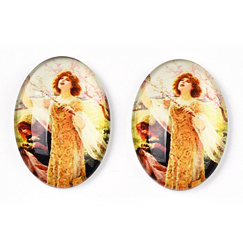 Glass Cabochons, with European Style Pattern, Oval, Sandy Brown, 25x18x6mm