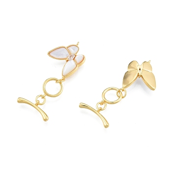 Brass Toggle Clasps, with White Shell and Crystal Rhinestone, Butterfly, Real 18K Gold Plated, Bar: 18.5x7.5x2.5mm, Hole: 1.4mm, Butterfly: 19x16x5mm, Hole: 1mm. 