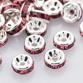 Brass Rhinestone Spacer Beads, Grade A, Straight Flange, Silver Color Plated, Rondelle, Rose, 6x3mm, Hole: 1mm