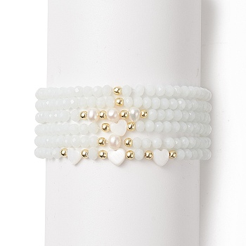 6Pcs 6 Style Natural Shell & Glass Star & Round Beaded Stretch Bracelets Set for Women, White, Inner Diameter: 2-1/4 inch(5.7cm), 1Pc/style
