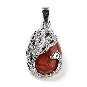 Natural Red Jasper Teardrop Pendants, Alloy Peacock Charms, Platinum, 33x19x10mm, Hole: 3.5x9mm