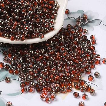 Transparent Inside Colours Glass Seed Beads, Half Plated, Round Hole, Round, Orange Red, 4x3mm, Hole: 1.2mm, 7650pcs/pound