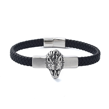 Men's Braided Black PU Leather Cord Bracelets, Wolf Head 304 Stainless Steel Link Bracelets with Magnetic Clasps, Antique Silver, 8-5/8x1 inch(21.9x2.6cm)