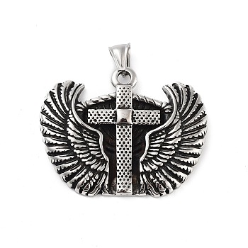 Retro 304 Stainless Steel Big Pendants, Cross with Wing Charm, Antique Silver, 41.5x52x6mm, Hole: 4x6.5mm