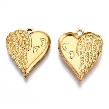 201 Stainless Steel Pendants, Heart Charm with Footprint, Real 18K Gold Plated, 28x21.5x3mm, Hole: 2mm