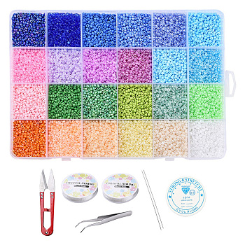 DIY Stretch Jewelry Making Kits, Including Glass Seed Beads, Metal Findings, Stainless Steel Scissors, Elastic Crystal Thread, Steel Beading Needles, Mixed Color, 2mm, Hole: 1mm, about 800pcs/12g,  24 colors, 12g/color, 288g