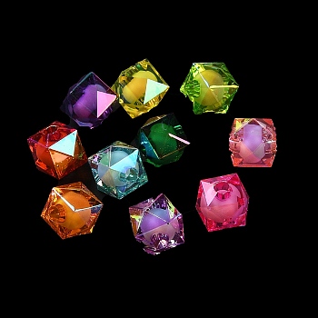 Opaque Acrylic Beads, UV Plating Iridescent, Bead in Bead, Faceted, Mixed Color, Square, 7x8x8mm, Hole: 2mm