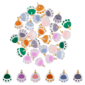 30Pcs 6 Colors Transparent Glass Pendants, with Golden Tone Alloy Loops and Enamel, Cat Paw, Mixed Color, 18.5x14.5x7.5mm, Hole: 1.6mm, 5pcs/color