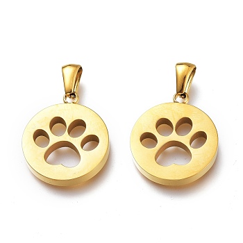 Ion Plating(IP) 304 Stainless Steel Pet Pendants, Manual Polishing, Flat Round with Dog Footprints, Golden, 21.5x18x3mm, Hole: 6x2.5mm