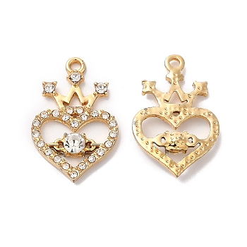 Rack Plating Alloy Crystal Rhinestone Pendants, Heart with Crown Charms, Golden, 27x17x4mm, Hole: 2mm