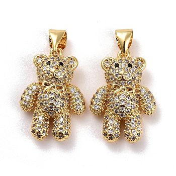 Brass Micro Pave Clear Cubic Zirconia Pendants, Real 18K Gold Plated, Lead Free & Cadmium Free, Bear, Clear, 20x14x6mm, Hole: 4x3.5mm