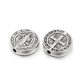 Tibetan Style Alloy Flat Round Beads, with Jesus and Latin Cross, For Easter, Lead Free & Cadmium Free, Antique Silver, 10x2.5mm, Hole: 1mm