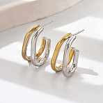 Geometric Outline Design 304 Stainless Steel Double-layer Stud Earrings for Women, Real 18K Gold Plated & Stainless Steel Color, 27x11mm(SL0180-2)