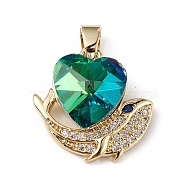 Real 18K Gold Plated Rack Plating Brass Micro Pave Cubic Zirconia Pendants, with Glass, Long-Lasting Plated, Cadmium Free & Lead Free, Heart & Whale, Dark Turquoise, 19x19x8mm, Hole: 5x3mm(KK-C015-28G-04)