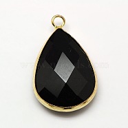 Golden Tone Brass Glass Teardrop Pendants, Faceted, Black, 18x10x5mm, Hole: 2mm(GLAA-M006-A-12G)