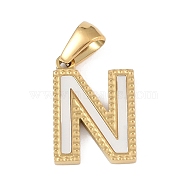 Natural White Shell Alphabet Pendants, Ion Plating(IP) Real 18K Gold Plated 304 Stainless Steel Charms, Letter N, 17x11.5x1.5mm, Hole: 5x3mm(STAS-M338-02G-N)
