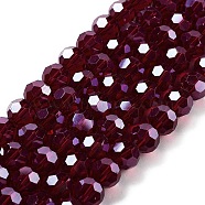 Electroplate Transparent Glass Beads Strands, Faceted(32 Facets), Round, Pearl Luster Plated, Dark Red, 10mm, Hole: 1.2mm, about 65~69pcs/strand, 23.03~24.49 inch(58.5~62.2cm)(EGLA-A035-T10mm-A02)