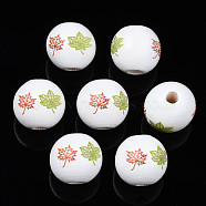 Halloween Printed Natural Wood Beads, Round with Leaf, Olive Drab, 15.5x14.5mm, Hole: 4mm(WOOD-S057-088)