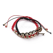 Best Friend Friendship Bracelets Sets, Adjustable Waxed Polyester Cord Braided Bead Bracelets, with Alloy Key & Padlock Pendants, Acrylic Cube Beads and Brass Round Beads, Mixed Color, Inner Diameter: 2-1/8~3-6/8 inch(5.5~9.5cm), 2pcs/set(BJEW-JB05845-01)
