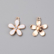 Zinc Alloy Enamel Flower Pendant, with Crystal Rhinestone, Light Gold, White, 20.5x18x2.5mm, Hole: 2mm(ENAM-TAC0007-14D)