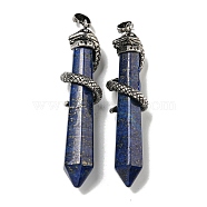 Dyed Natural Lapis Lazuli Pointed Big Pendants, Rack Plating Brass Snake Wrapped Faceted Bullet Charms, Antique Silver, Cadmium Free & Lead Free, 60.5x11.5x14mm, Hole: 8x5mm(G-F766-07AS-04)