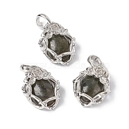 Natural Labradorite Pendants, Oval Charms, with Platinum Tone Brass Rose Findings, Cadmium Free & Nickel Free & Lead Free, 25~26x19~19.5x9~9.5mm, Hole: 7.5x5.5mm(G-P484-03P-06)